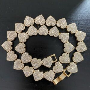 Gold Heart-Shaped Crystal Tennis/Cuban Link Necklace